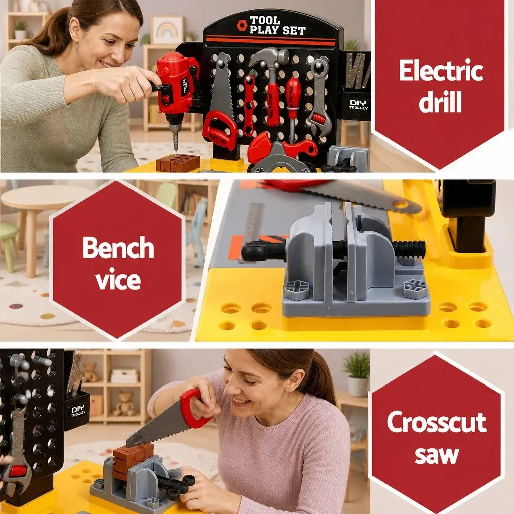 Kids Pretend Play Workbench Tool Set Red 54 Piece DIY Role Play Toys