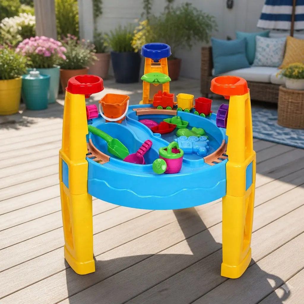 Sand and Water Table Play Set Multi-coloured with Detachable Umbrella and Spinning Water Wheel for Outdoor Fun