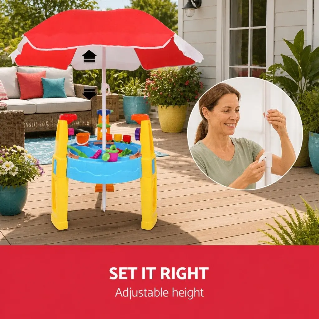 Sand and Water Table Play Set Multi-coloured with Detachable Umbrella and Spinning Water Wheel for Outdoor Fun