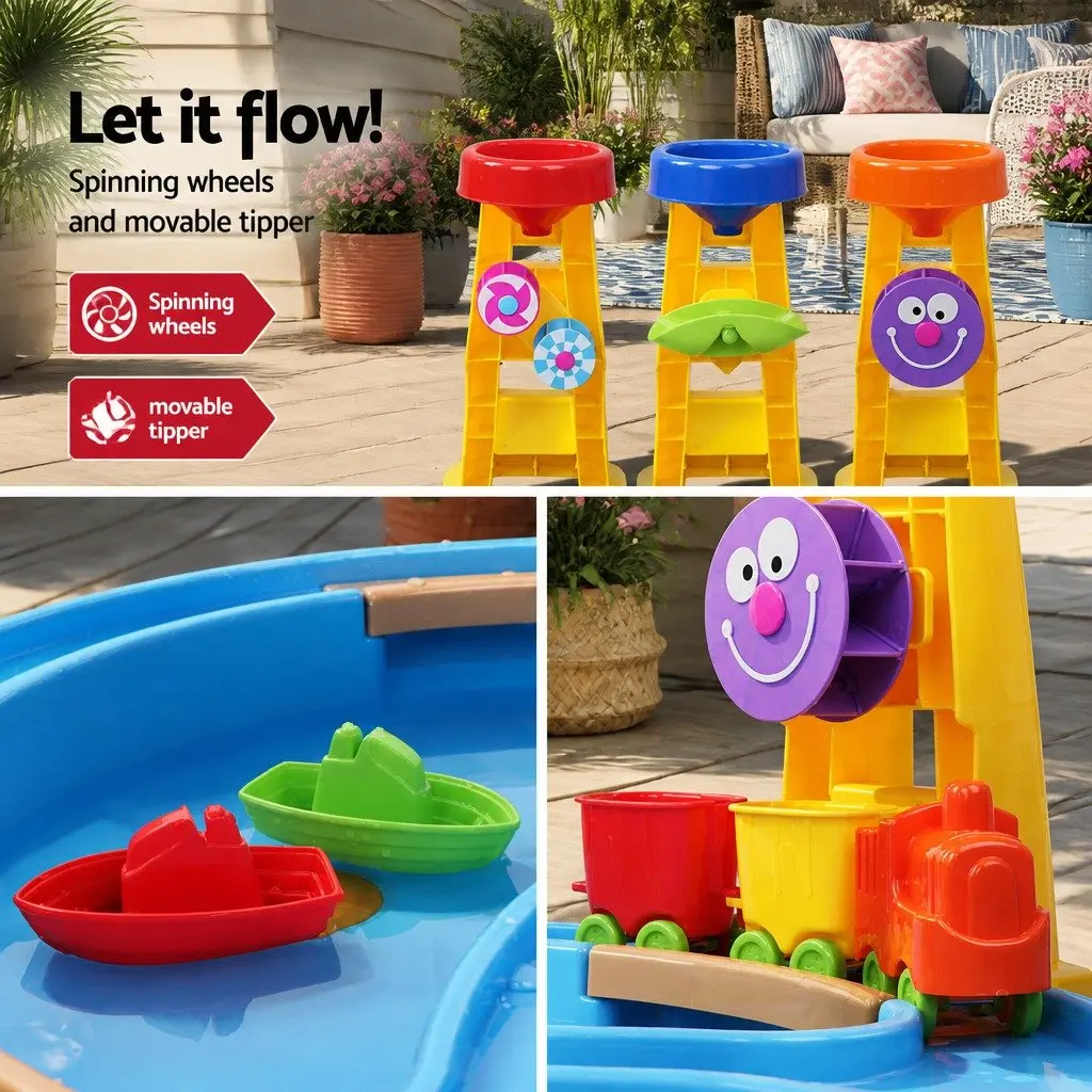Sand and Water Table Play Set Multi-coloured with Detachable Umbrella and Spinning Water Wheel for Outdoor Fun