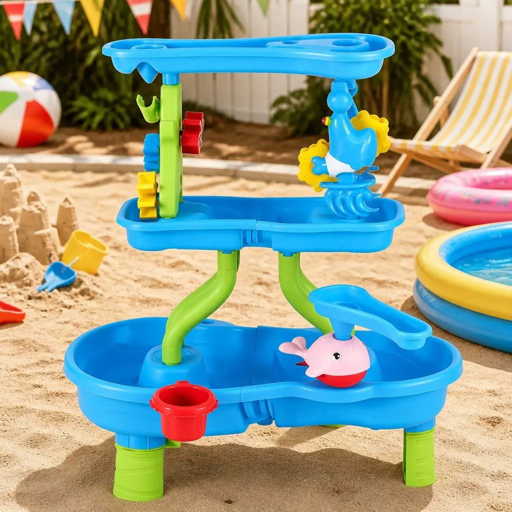 Kids Sand and Water Table 4-Tier Waterfall Sandpit Play Set Beach Toys Shovel