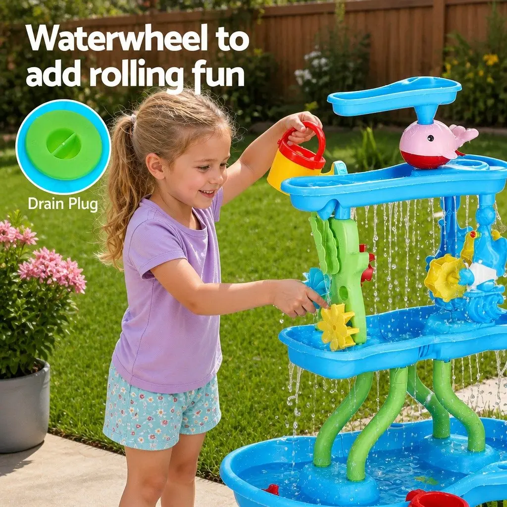 Kids Sand and Water Table 4-Tier Waterfall Sandpit Play Set Beach Toys Shovel