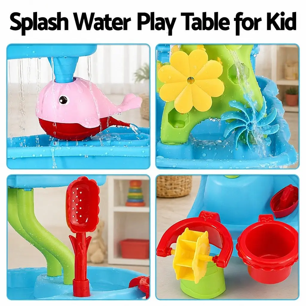 Kids Sand and Water Table 4-Tier Waterfall Sandpit Play Set Beach Toys Shovel