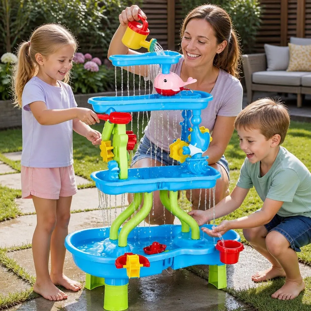 Kids Sand and Water Table 4-Tier Waterfall Sandpit Play Set Beach Toys Shovel