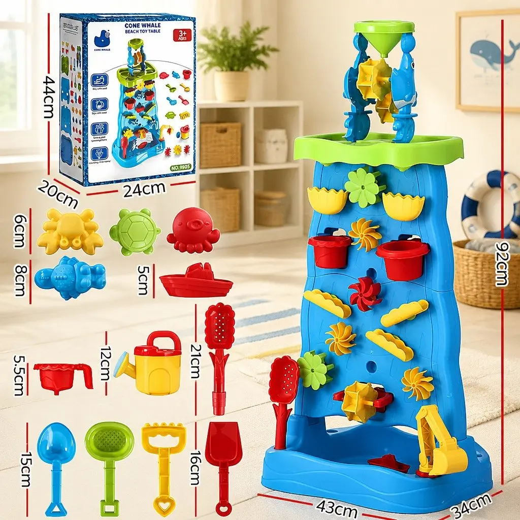 Kids Sand and Water Table Multicolour 43cm x 34cm x 92cm Movable Waterwheel and Waterfall Feature