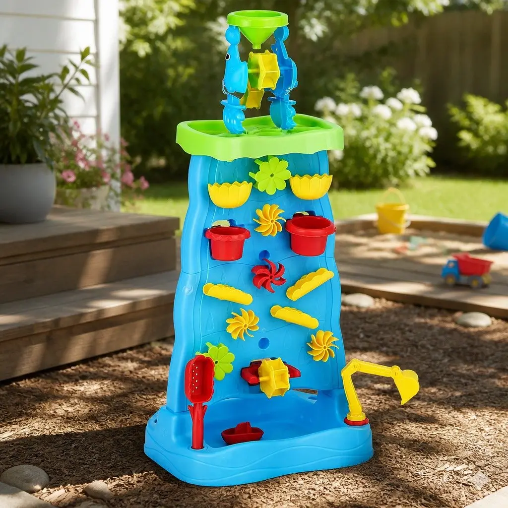Kids Sand and Water Table Multicolour 43cm x 34cm x 92cm Movable Waterwheel and Waterfall Feature