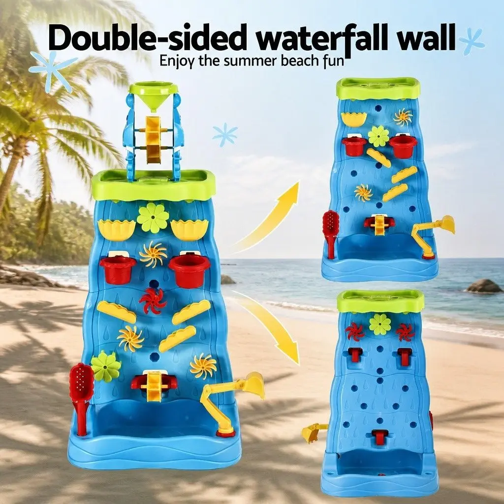 Kids Sand and Water Table Multicolour 43cm x 34cm x 92cm Movable Waterwheel and Waterfall Feature