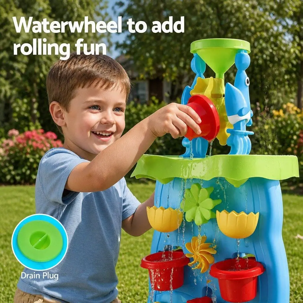 Kids Sand and Water Table Multicolour 43cm x 34cm x 92cm Movable Waterwheel and Waterfall Feature