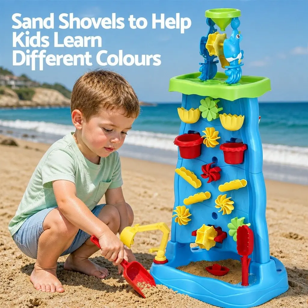 Kids Sand and Water Table Multicolour 43cm x 34cm x 92cm Movable Waterwheel and Waterfall Feature