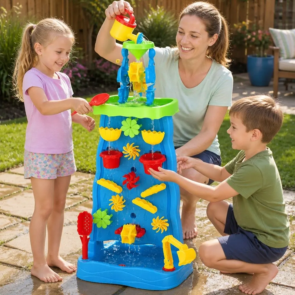 Kids Sand and Water Table Multicolour 43cm x 34cm x 92cm Movable Waterwheel and Waterfall Feature