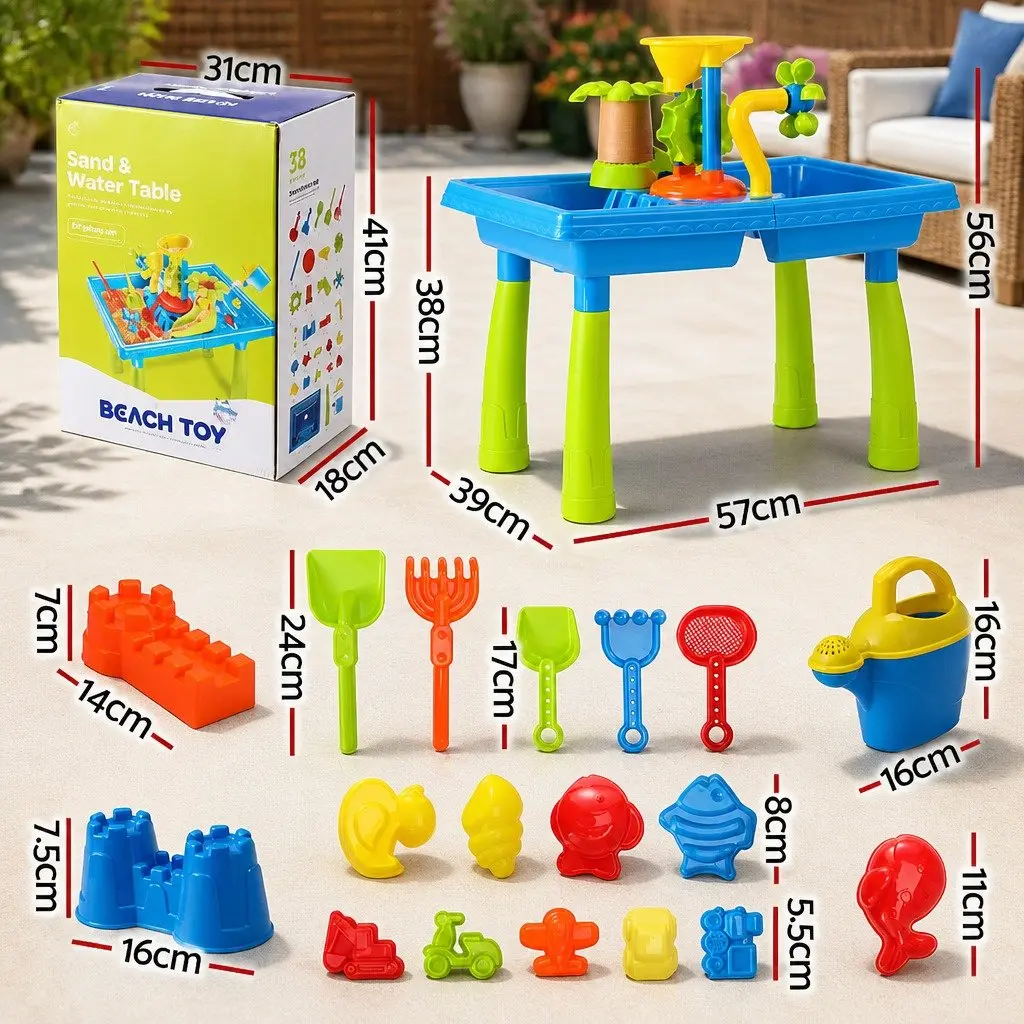 Kids Sand and Water Table Multicolour Outdoor Play Equipment with Rotating Windmill Movable Waterwheel and Water Slide