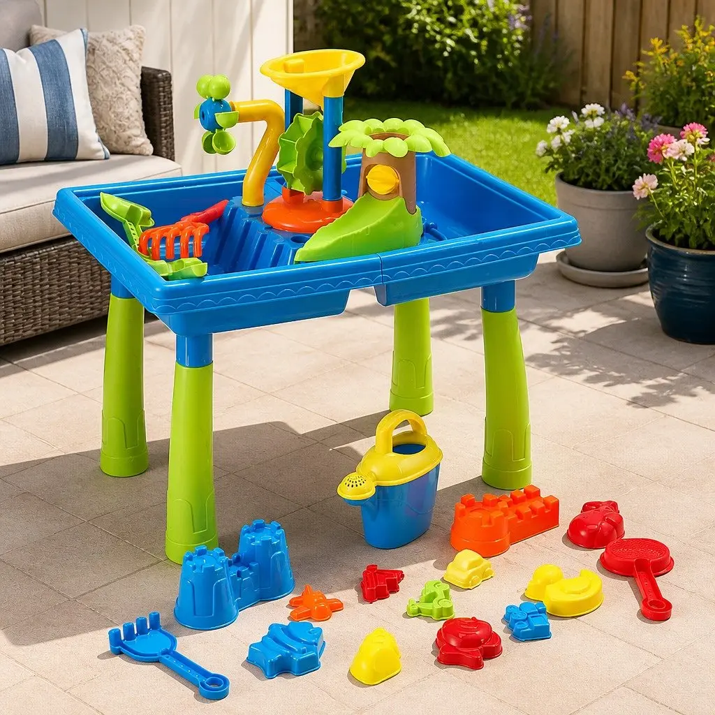 Kids Sand and Water Table Multicolour Outdoor Play Equipment with Rotating Windmill Movable Waterwheel and Water Slide