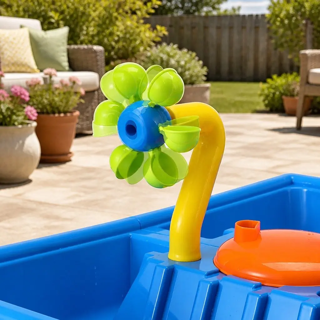 Kids Sand and Water Table Multicolour Outdoor Play Equipment with Rotating Windmill Movable Waterwheel and Water Slide