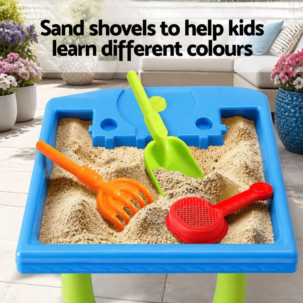Kids Sand and Water Table Multicolour Outdoor Play Equipment with Rotating Windmill Movable Waterwheel and Water Slide