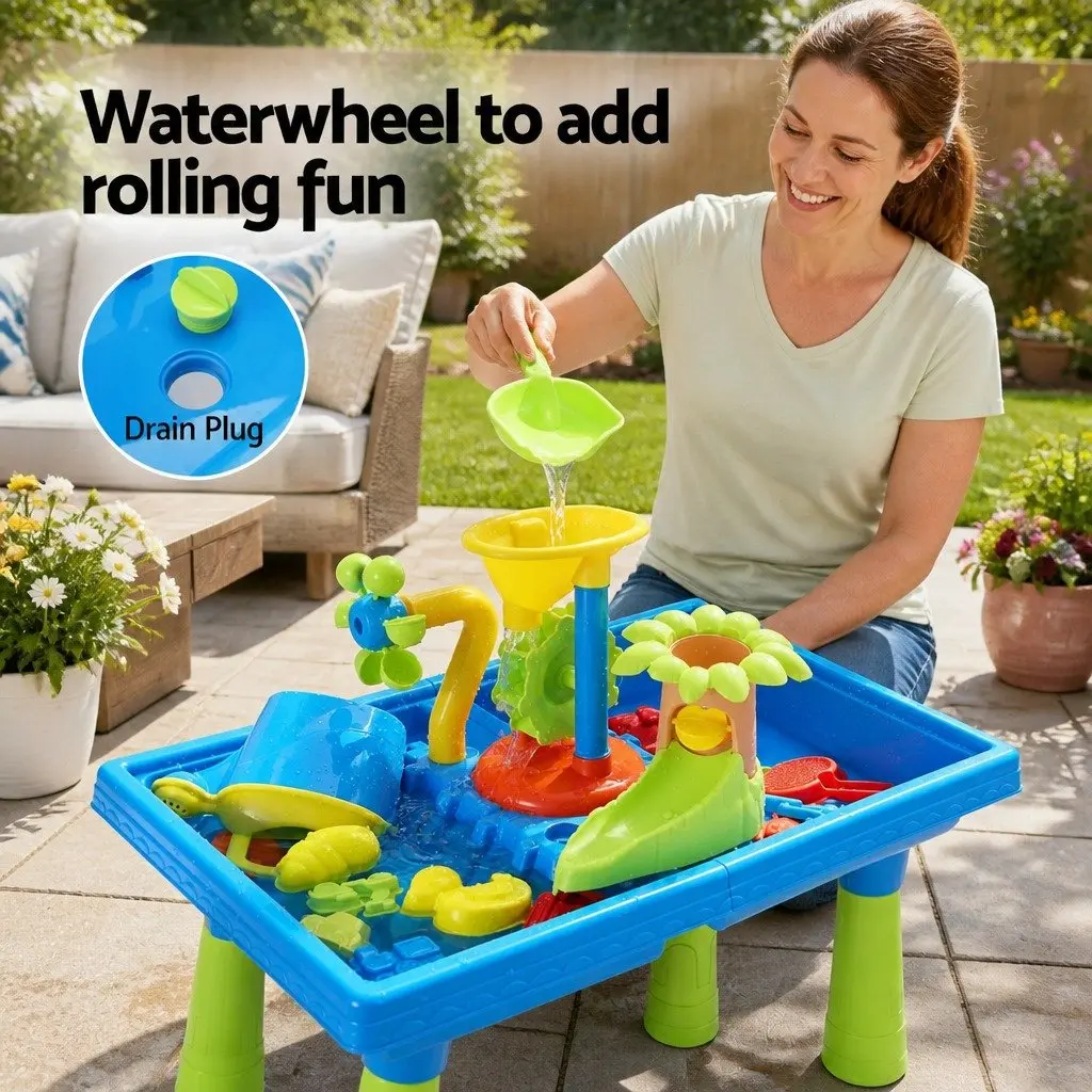 Kids Sand and Water Table Multicolour Outdoor Play Equipment with Rotating Windmill Movable Waterwheel and Water Slide