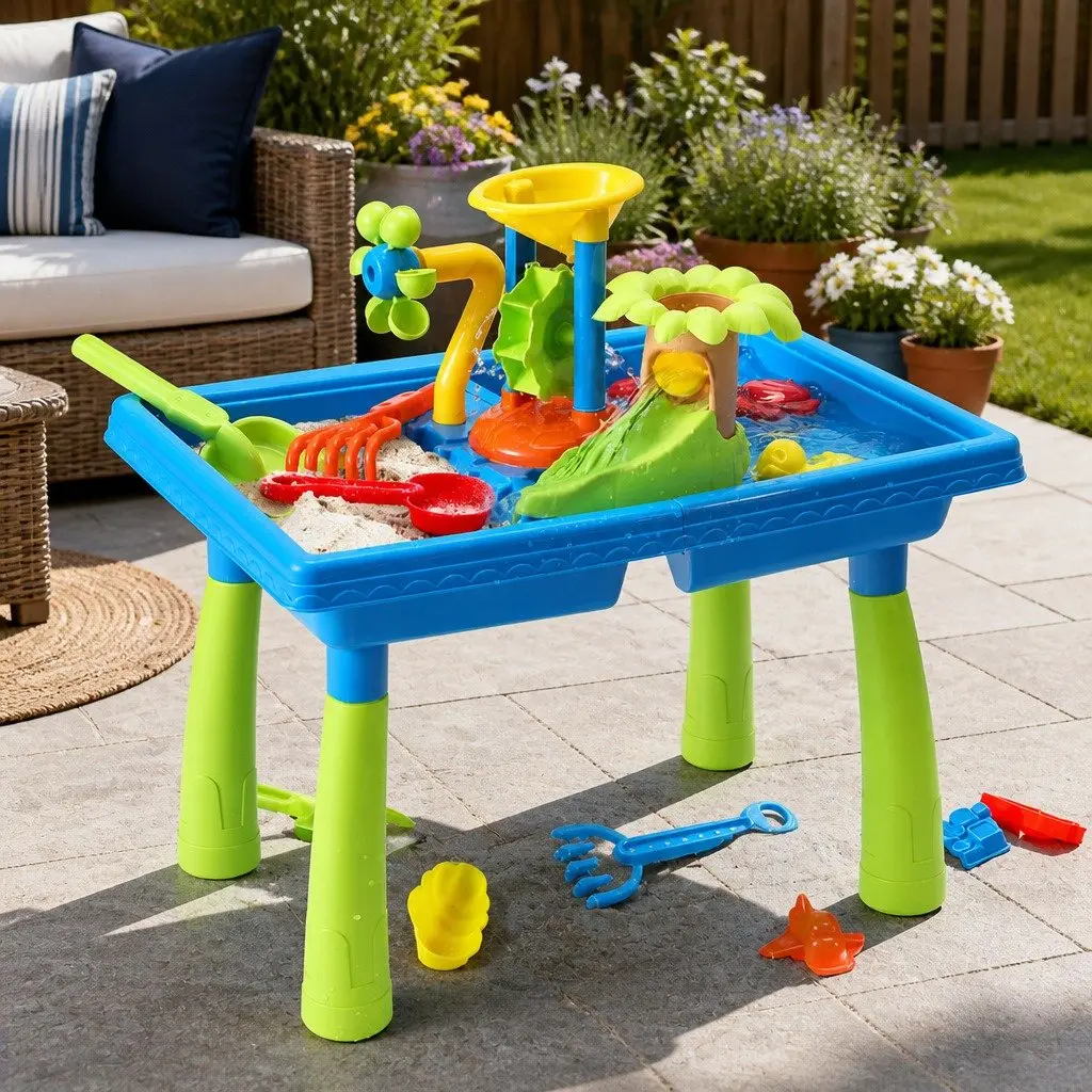Kids Sand and Water Table Multicolour Outdoor Play Equipment with Rotating Windmill Movable Waterwheel and Water Slide