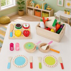Explore Cooking with a 29-Piece Kids Wooden Kitchen Set