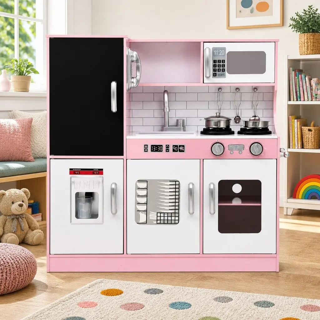 Wooden Kitchen Play Set Pink 80CM Fully Operational Oven Door Turnable Knobs