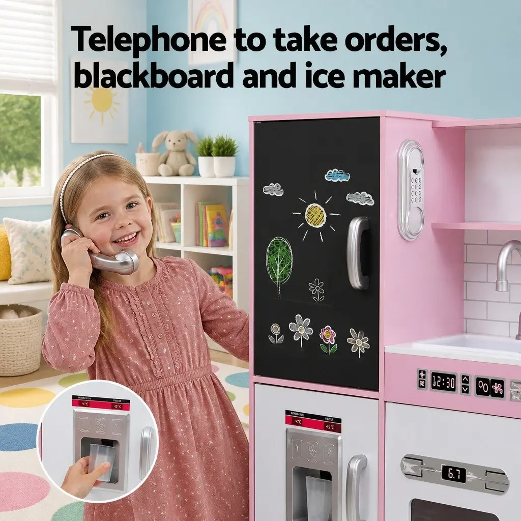 Wooden Kitchen Play Set Pink 80CM Fully Operational Oven Door Turnable Knobs