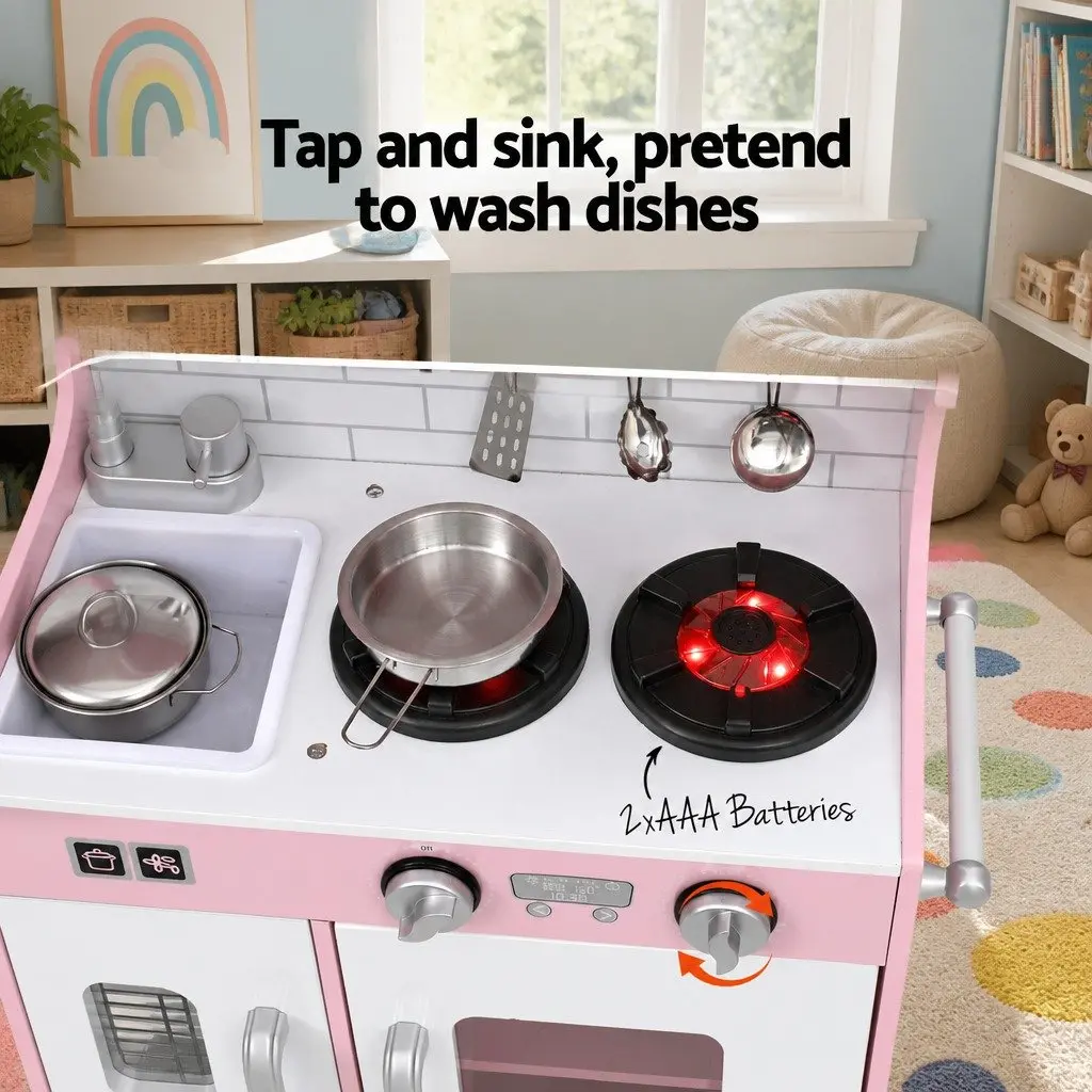 Wooden Kitchen Play Set Pink 80CM Fully Operational Oven Door Turnable Knobs