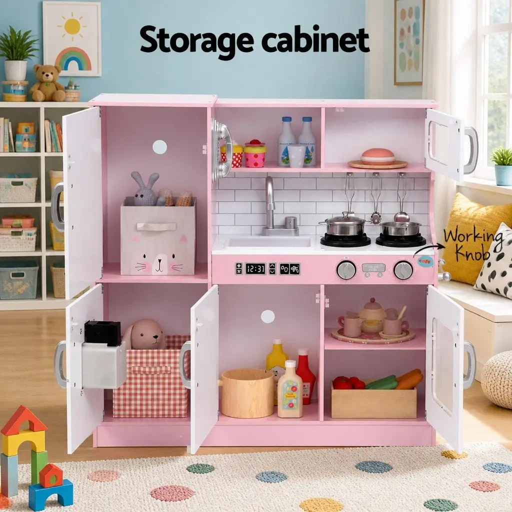 Wooden Kitchen Play Set Pink 80CM Fully Operational Oven Door Turnable Knobs