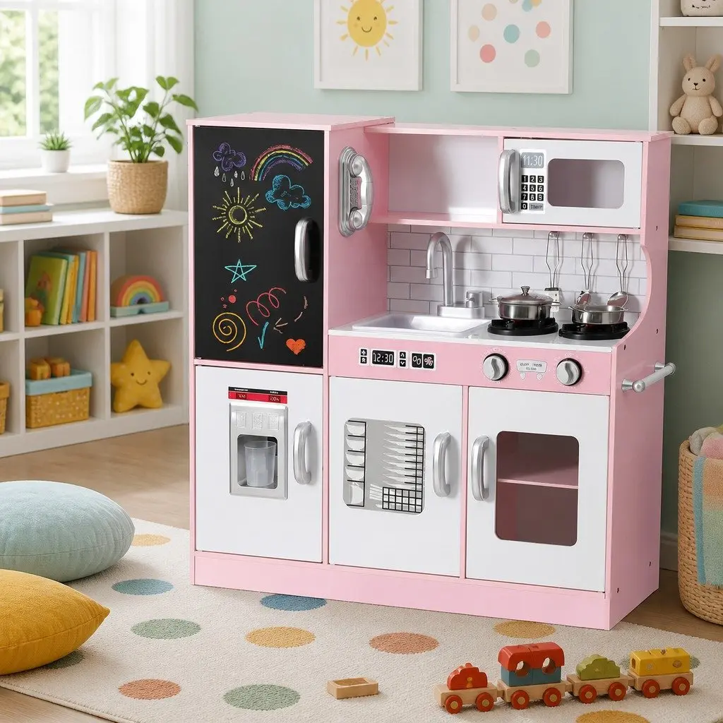Wooden Kitchen Play Set Pink 80CM Fully Operational Oven Door Turnable Knobs