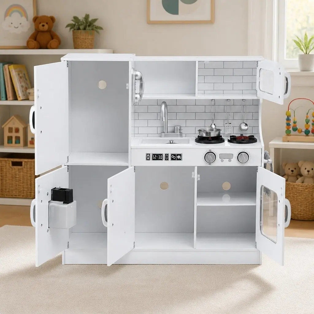 Kids Wooden Kitchen Play Set Pretend Cooking Toys Oven Accessories White 80CM