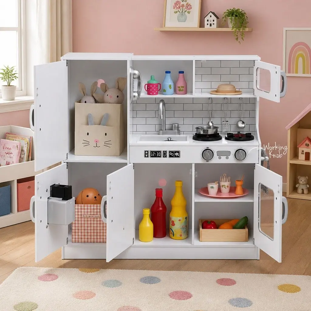Kids Wooden Kitchen Play Set Pretend Cooking Toys Oven Accessories White 80CM