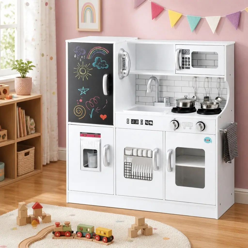 Kids Wooden Kitchen Play Set Pretend Cooking Toys Oven Accessories White 80CM