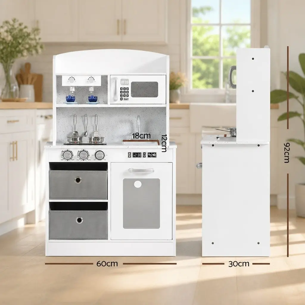 Wooden Kitchen Play Set Black White 60cm Imaginative Cooking Toy with Accessories