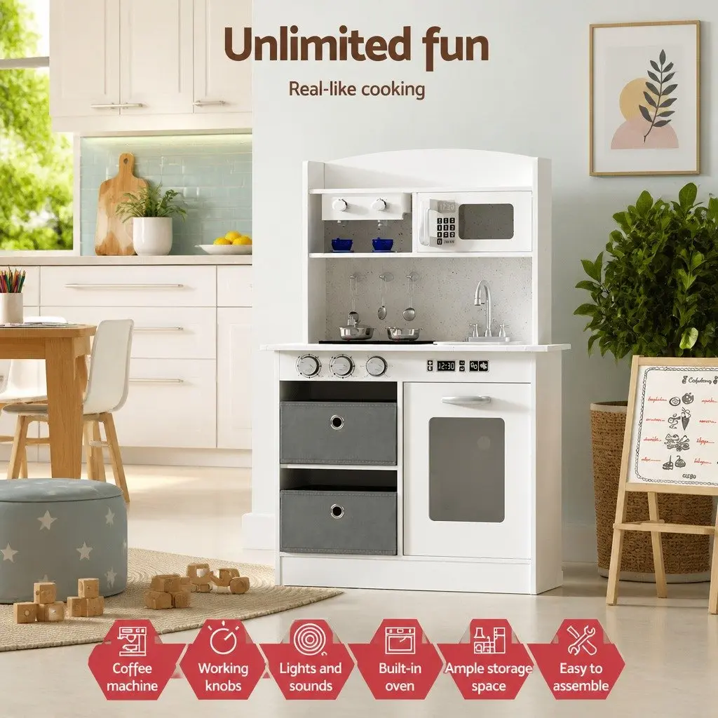 Wooden Kitchen Play Set Black White 60cm Imaginative Cooking Toy with Accessories