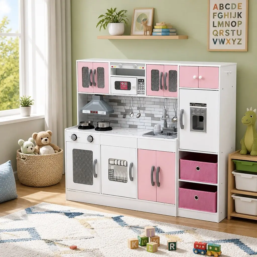 Kids Wooden Kitchen Playset Pink 100CM Lighted Range Hood Interactive Sounds
