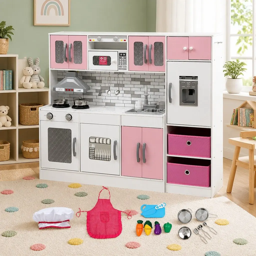 Kids Wooden Kitchen Playset Pink 100CM Lighted Range Hood Interactive Sounds