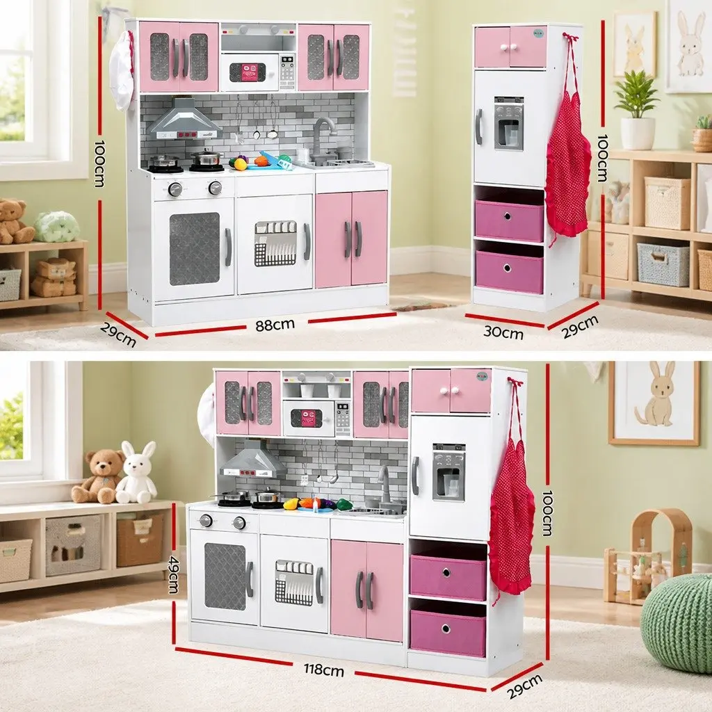 Kids Wooden Kitchen Playset Pink 100CM Lighted Range Hood Interactive Sounds
