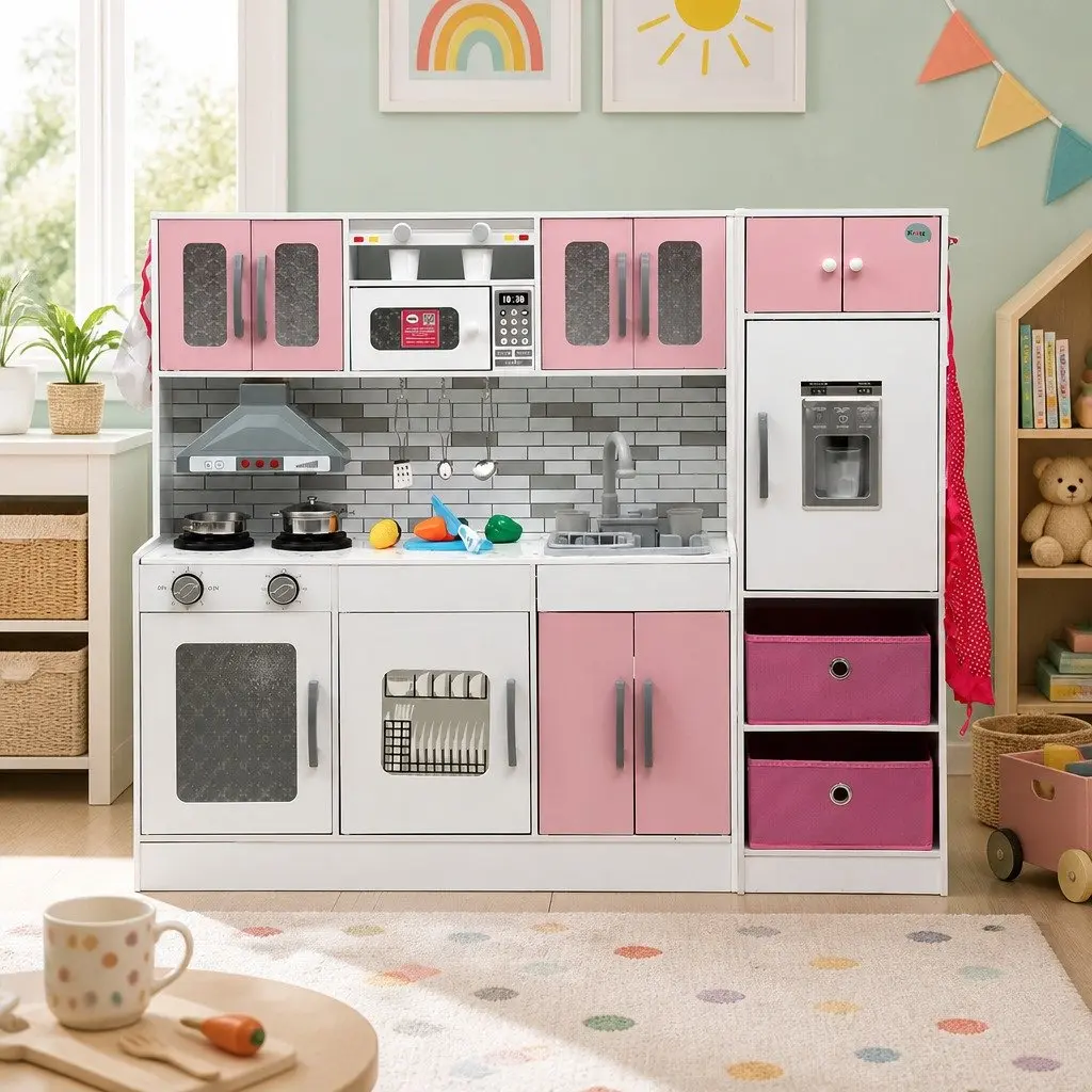 Kids Wooden Kitchen Playset Pink 100CM Lighted Range Hood Interactive Sounds