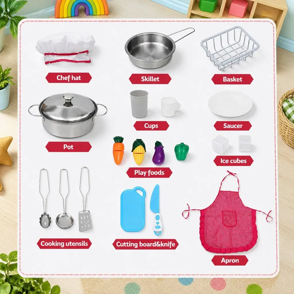 Kids Wooden Kitchen Playset Pink 100CM Lighted Range Hood Interactive Sounds