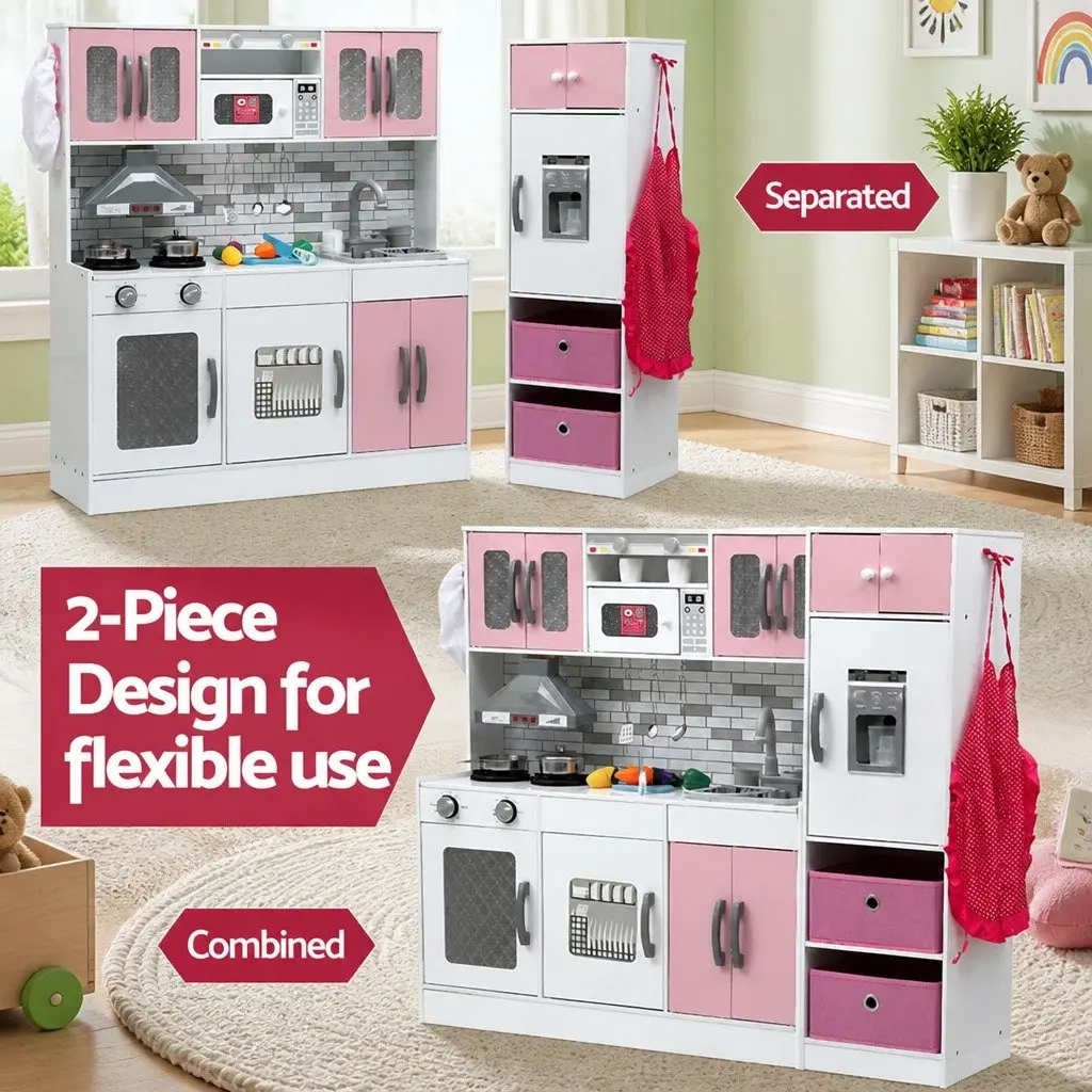 Kids Wooden Kitchen Playset Pink 100CM Lighted Range Hood Interactive Sounds