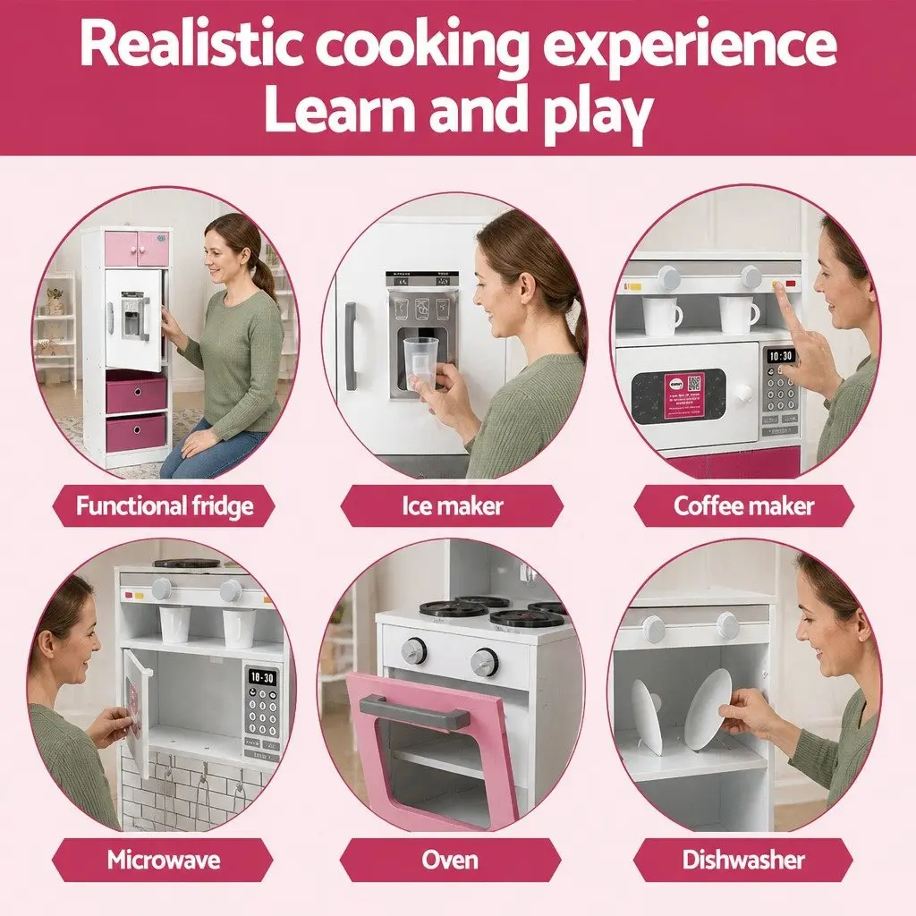 Kids Wooden Kitchen Playset Pink 100CM Lighted Range Hood Interactive Sounds