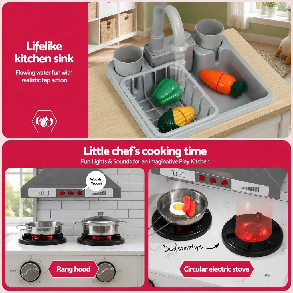 Kids Wooden Kitchen Playset Pink 100CM Lighted Range Hood Interactive Sounds