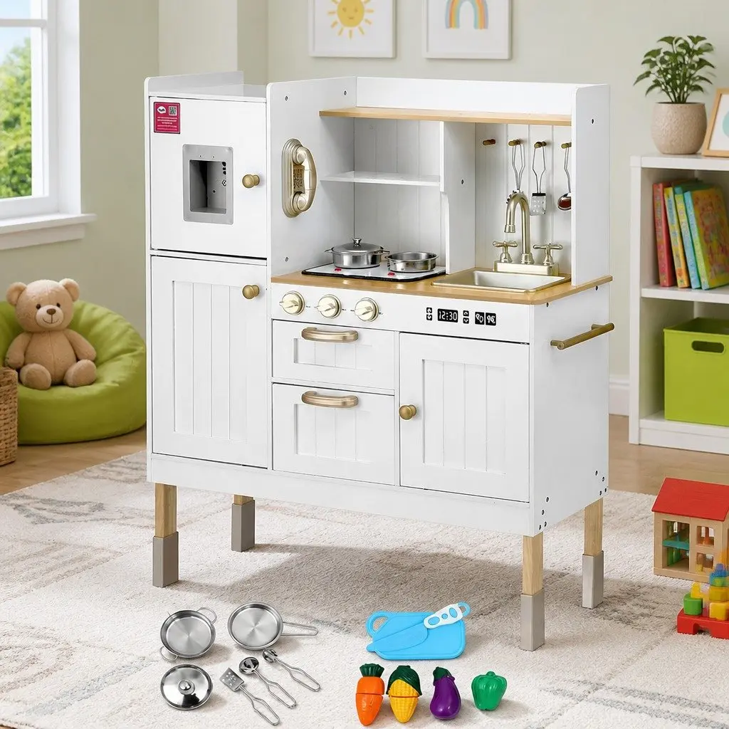 Wooden Kids Kitchen Play Set Pretend Cooking Toys Storage Sink Water Dispenser