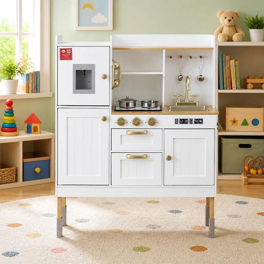 Wooden Kids Kitchen Play Set Pretend Cooking Toys Storage Sink Water Dispenser