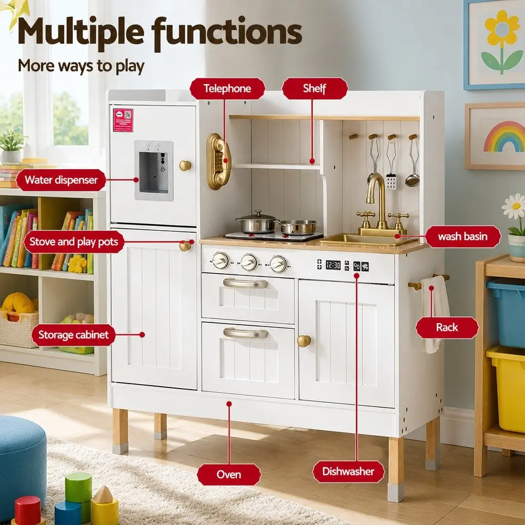 Wooden Kids Kitchen Play Set Pretend Cooking Toys Storage Sink Water Dispenser