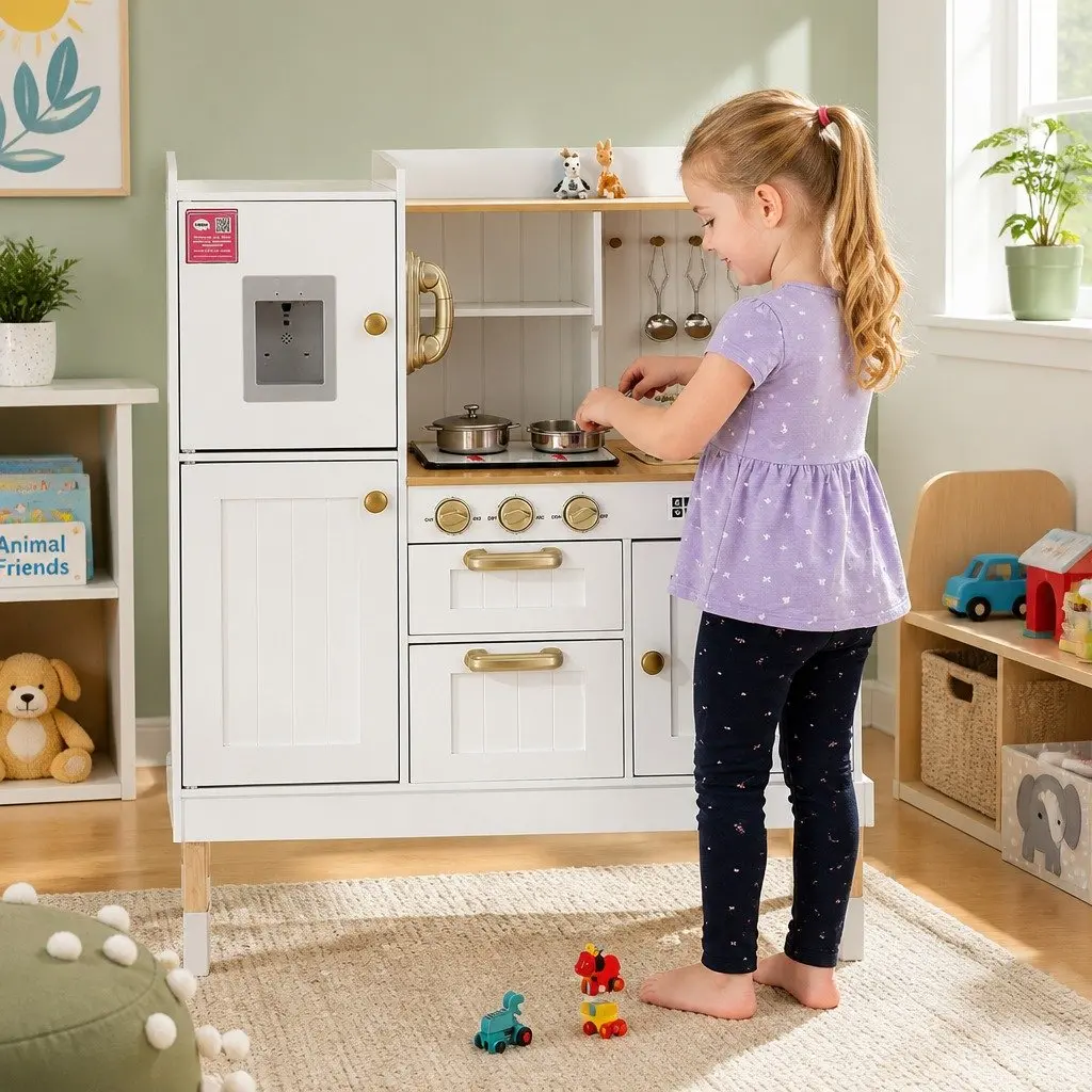 Wooden Kids Kitchen Play Set Pretend Cooking Toys Storage Sink Water Dispenser