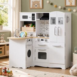 Compact Wooden Toy Kitchen with 29-Piece Cooking Set