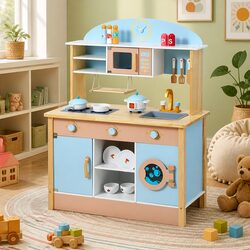Compact Kids Wooden Kitchen Play Set with Essential Accessories