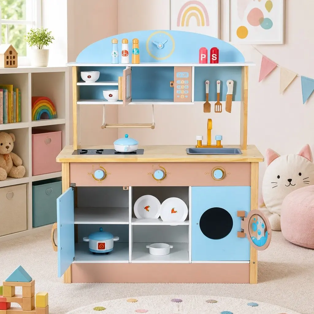 Kids Wooden Pretend Kitchen Play Set Cooking Toys Oven Dishwasher Accessories