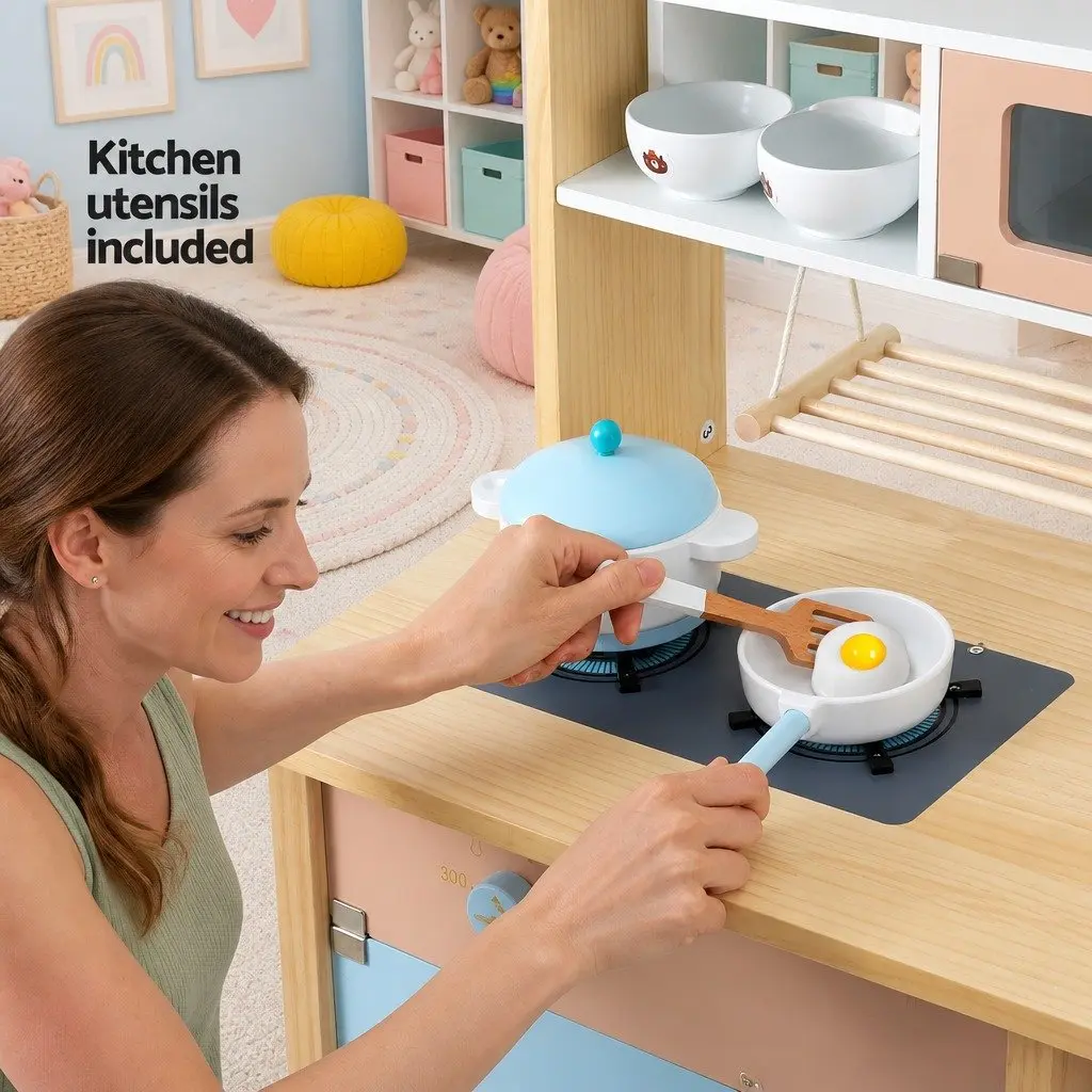 Kids Wooden Pretend Kitchen Play Set Cooking Toys Oven Dishwasher Accessories