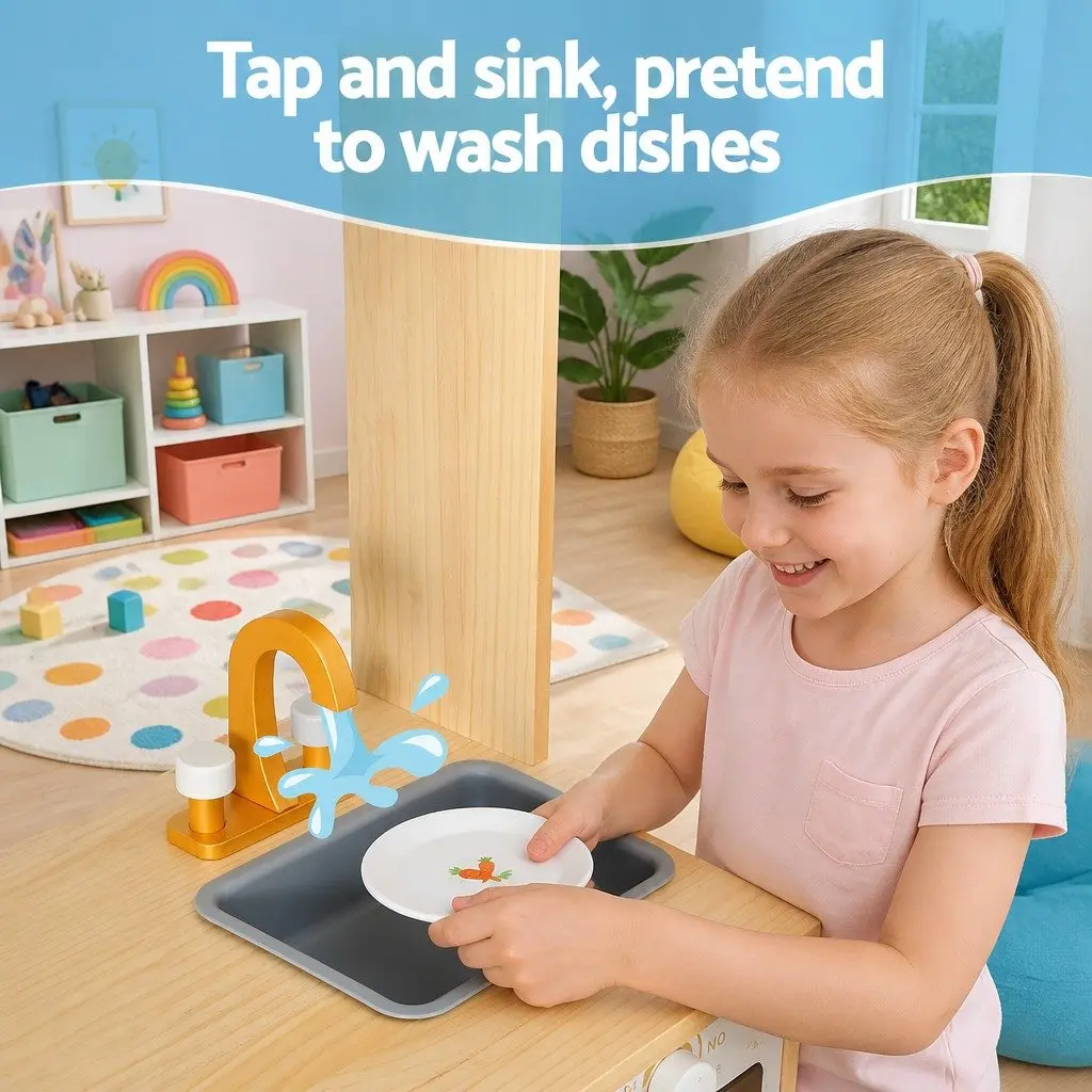 Kids Wooden Pretend Kitchen Play Set Cooking Toys Oven Dishwasher Accessories