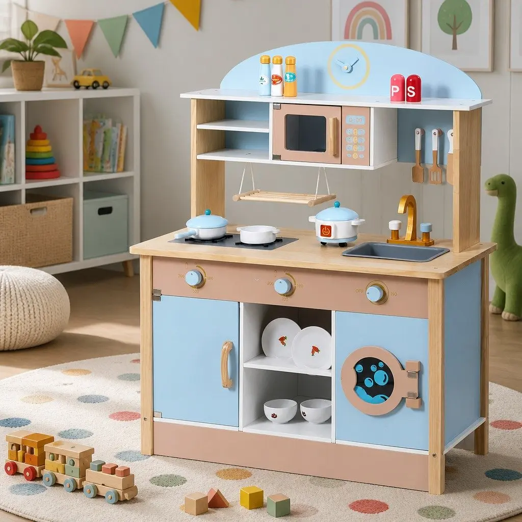 Kids Wooden Pretend Kitchen Play Set Cooking Toys Oven Dishwasher Accessories