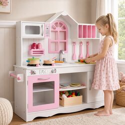 Compact Wooden Kids Kitchen Playset: 29 Pieces Included